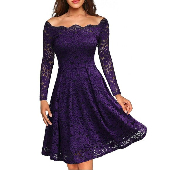 Missmay Navy Blue Lace Long Sleeve Cocktail Dress L Women Elegant Fit Homecoming - Picture 3 of 16